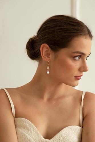 Freekiss Pearl Earrings for Women Trendy: Flat Back Stud Earrings 14K Gold Plated/925 Sterling Silver Freshwater Pearl Dangle Earrings Cute Bow Earrings Wedding Jewelry Birthday Gifts for Women Girls - Image 1