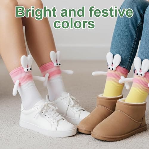 MIRJXB Easter Socks, Funny Magnetic Hand-Holding Bunny Socks 2 Pairs, Crazy Fun Novelty Gifts for Teens, Women, Family Holiday Celebrations, Pink and White Color Combination thumbnail 4