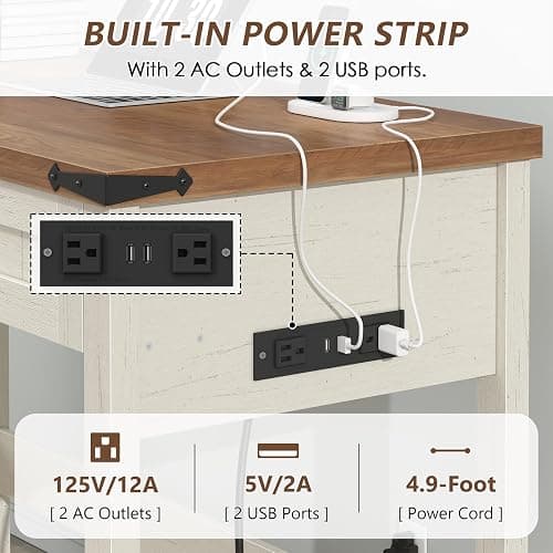 YOMILUVE Farmhouse Computer Desk with 2 Drawers, 39 Inch Small Office Computer Desk with Power Outlets, Compact Writing Study Desk for Small Spaces, Antique White thumbnail 4