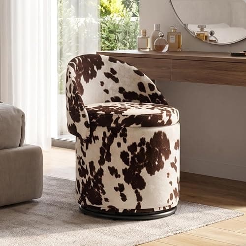 Ya-Home Modern Swivel Ottoman Vanity Chair, Linen Upholstered Barrel Club 360°Degree Swivel Side Stool with Storage, Comfy Makeup Stool for Bedroom Living Room, Milk Cow thumbnail 3