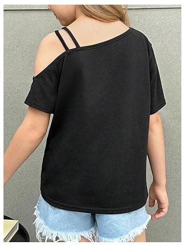 RoseSeek Girl's Y2k Off The Shoulder Tops Loose Summer T Shirt Trendy | Short Sleeve, Cold Shoulder, Trendy Casual Style, Preppy Aesthetic, Size 10-12, Cute Clothes thumbnail 2