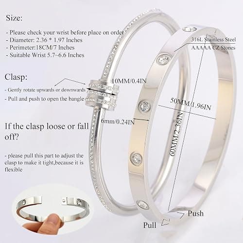 Camhanno Stainless Steel Bangle Bracelet Set for Women - Silver/Gold Love Bangle Non Tarnish Jewelry with Sparkling Crystal Inlay for Love Gifts thumbnail 5