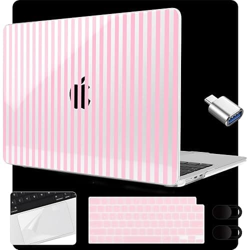 MEEgoodo Case for MacBook Air 15 inch M4/M3/M2 2025 2024 2023, Case Fit Model (A3241/A3114/A2941) for MacBook Air 15-inch, Laptop with Keyboard & Camera Cover & OTG Adapter,Pink Stripes - Image 1