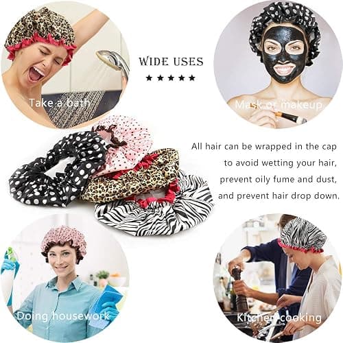 TCOTBE 4 Pieces Shower Cap for Women, Elastic and Reusable, Environmental Protection Hair Bath Caps, Double Waterproof Layers Bathing Hat thumbnail 6