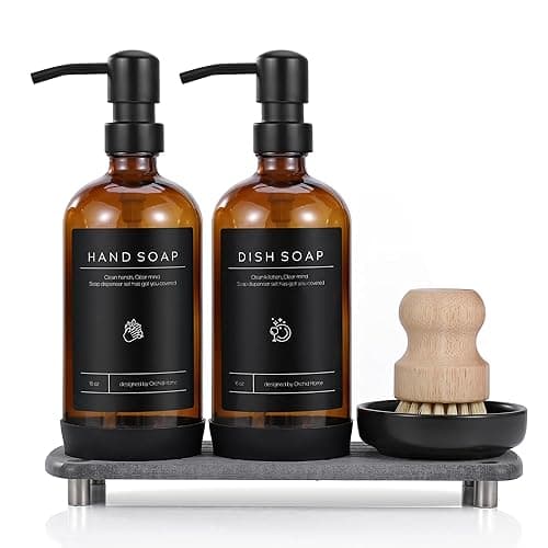 [Luxury] Kitchen Soap Dispenser Set - 16OZ Amber Glass Bottle, Stainless Steel Pump, Instant Dry Tray, Waterproof Labels, Non-Slip Silicone Pad, and Dish Brush | Upgrade for Your Kitchen and Bathroom - Image 1
