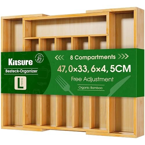 Kitsure Silverware Organizer - Expandable Bamboo Kitchen Drawer Organizer, Adjustable Cutlery Tray for Kitchen Storage & Organisation, 33.6 x 4.5 x 29.0-47.0 cm - Image 1