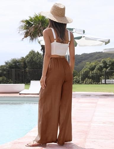 Faleave Women's Cotton Linen Summer Palazzo Pants Flowy Wide Leg Beach Trousers with Pockets thumbnail 4