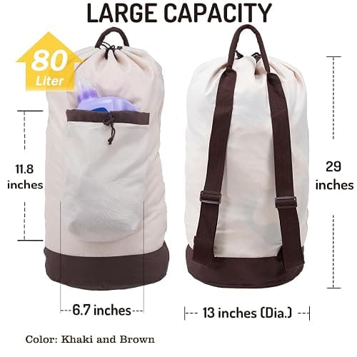 Laundry Bag Backpack with Shoulder Straps and Detergent Holder Clothes, Travel Laundry Backpack Bag Hamper for College Dorm Room Essentials (Khaki w Brown) - Khaki w Brown thumbnail 2