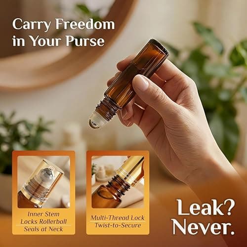 PrettyCare 60 Pack, 10 ml Essential Oil Roller Bottles with Stainless Steel Roller Ball - Bulk Refillable Leak-proof Empty Thick Amber Glass Roll on Bottles with Metal Caps for Travel, Perfume thumbnail 5