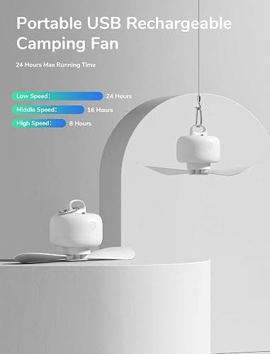 JISULIFE Camping Fan 8000mAh Battery Operated, Portable Tent Rechargeable with Remote Control, Detachable Fan-Blades, Hanging Hook, Timer, 4 Speeds for Outdoor Dorm-White thumbnail 3