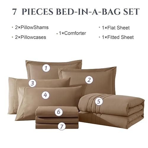 Monbix Queen Comforter Set - 7 Pieces Raw Umber Bed in a Bag Queen Bedding Sets with Comforters, All Seasons Comforter Bed Set with Sheets, Pillowcases & Shams thumbnail 7