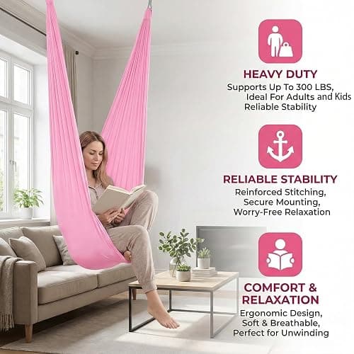 Elfzone Sensory Swing - Indoor Swing，Comes with Heavy Duty Hardware and Soft Nylon Fabric for Calming Effect, Holds Up to 135kg (Pink, 110" thumbnail 4