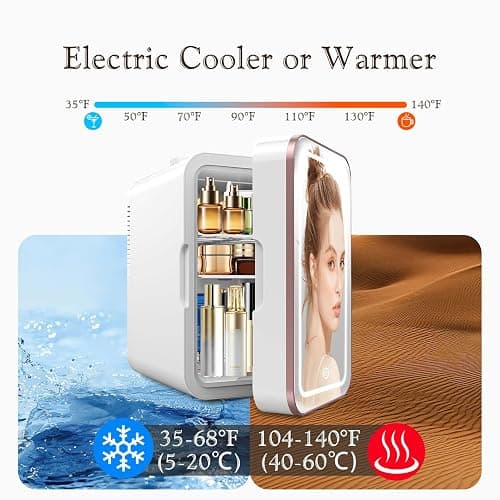 YLFU Mini Fridge for Bedroom, 6L/10 Can Skincare Fridge with Dimmable LED Light Mirror for Dorm & Office, Portable Cooler & Warmer Small Compact Refrigerator for Skincare, Makeup and Cosmetics, White thumbnail 4