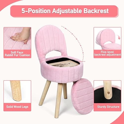 KANEODOT Vanity Stool with Storage & Folding Back,11.8“ D x 12.9” W x 27.9" H Round Faux Fur Cute Vanity Chair with 4 Solid Wood Legs,Comfy Small Makeup Ottoman for Living Room,Bedroom,Closet,Pink thumbnail 5