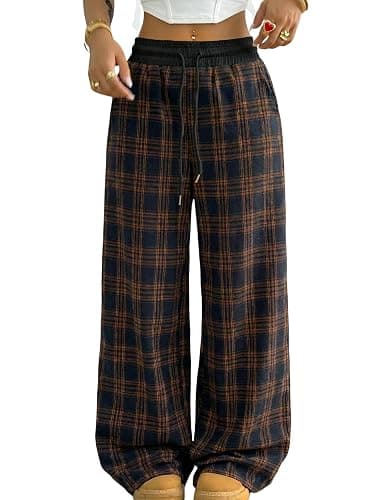Wyeysyt Women Plaid Pants Gingham Pajama Pants Baggy Sweatpants | Wide Leg Pants, Elastic Drawstring Sweatpants, Fall Winter Casual Pants - Image 1