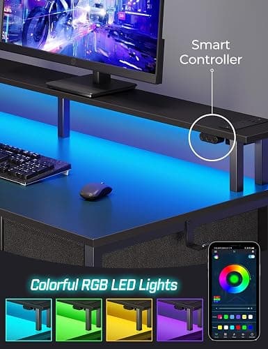 Seventable Computer Desk with Power Outlets & LED Light, 47 inch Home Office Desk with 5 Drawers, Writing Desk with Monitor Stand, Work Desk for Home Office, Black thumbnail 4