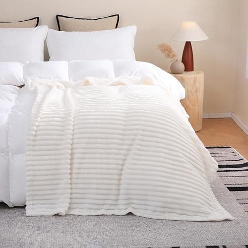 Linecooo Cream White Fleece Throw Blanket 50”×60” for Couch Sofa Bed,Super Soft Cozy Plush Microfiber Flannel Blanket with Stripes Design Lightweight for Adults,Woman,Girls thumbnail 5