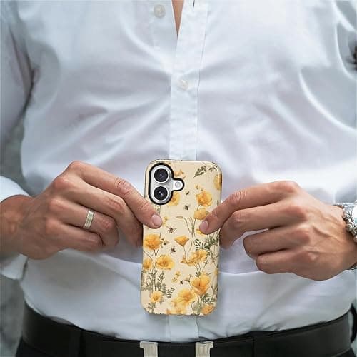 FKBRCL4U for iPhone 17 Case, Hybrid 2-Layer Silicone Protective Glossy Case for Girl Women for iPhone 17 Cute Eco Friendly Vintage Bee Yellow California Poppies Pattern thumbnail 3