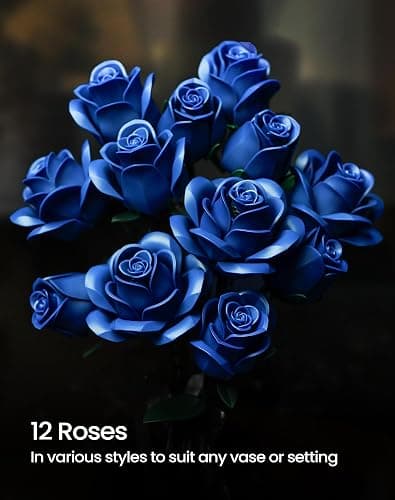 iATOM Blue Rose Bouquet Building Set, Gift for Christmas, Artificial Flowers Botanical Collection for Adults - Gothic Home Office Table Centerpiece Retro Decor - IA11007 thumbnail 3