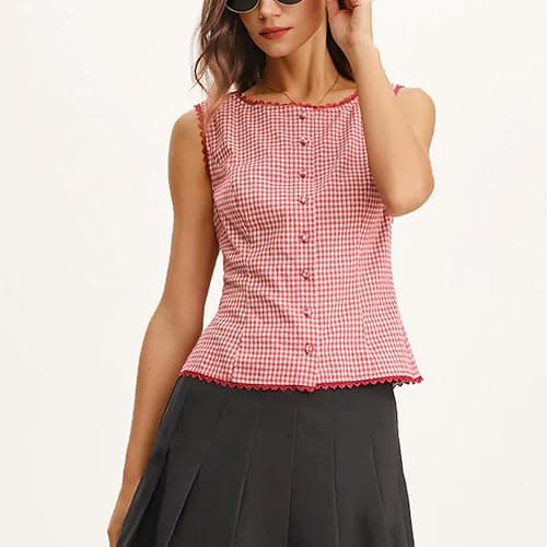 Ainangua Women Plaid Button Tank Top Summer Y2K Lace Trim Sleeveless Checkered Vest Casual Elegant Suit Blazer Wasitcoat thumbnail 4