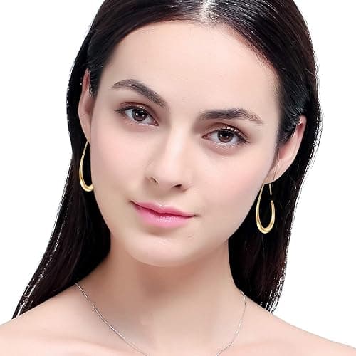 Lightweight Teardrop Hoop Earrings for Women - 14k Gold/White Gold Plated Large Oval Pull Through Hoop Earrings High Polished Statement Jewelry Gift for Women thumbnail 5