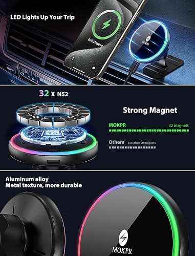 MOKPR for Magsafe Car Mount Charger-15W Wireless Car Charger-Magnetic Car Phone Holder for Dash Air Vent-LED RGB HandsFree Car Mount Fast Car Charger for iPhone 14/13/12 Series thumbnail 7