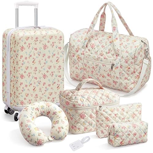 Redbaker 7 Pcs Floral Luggage Set for Women,Beige | 20" Carry Travel Suitcase Quilted Duffel Bag Makeup Bags Neck Cushion & Name Label - Image 1