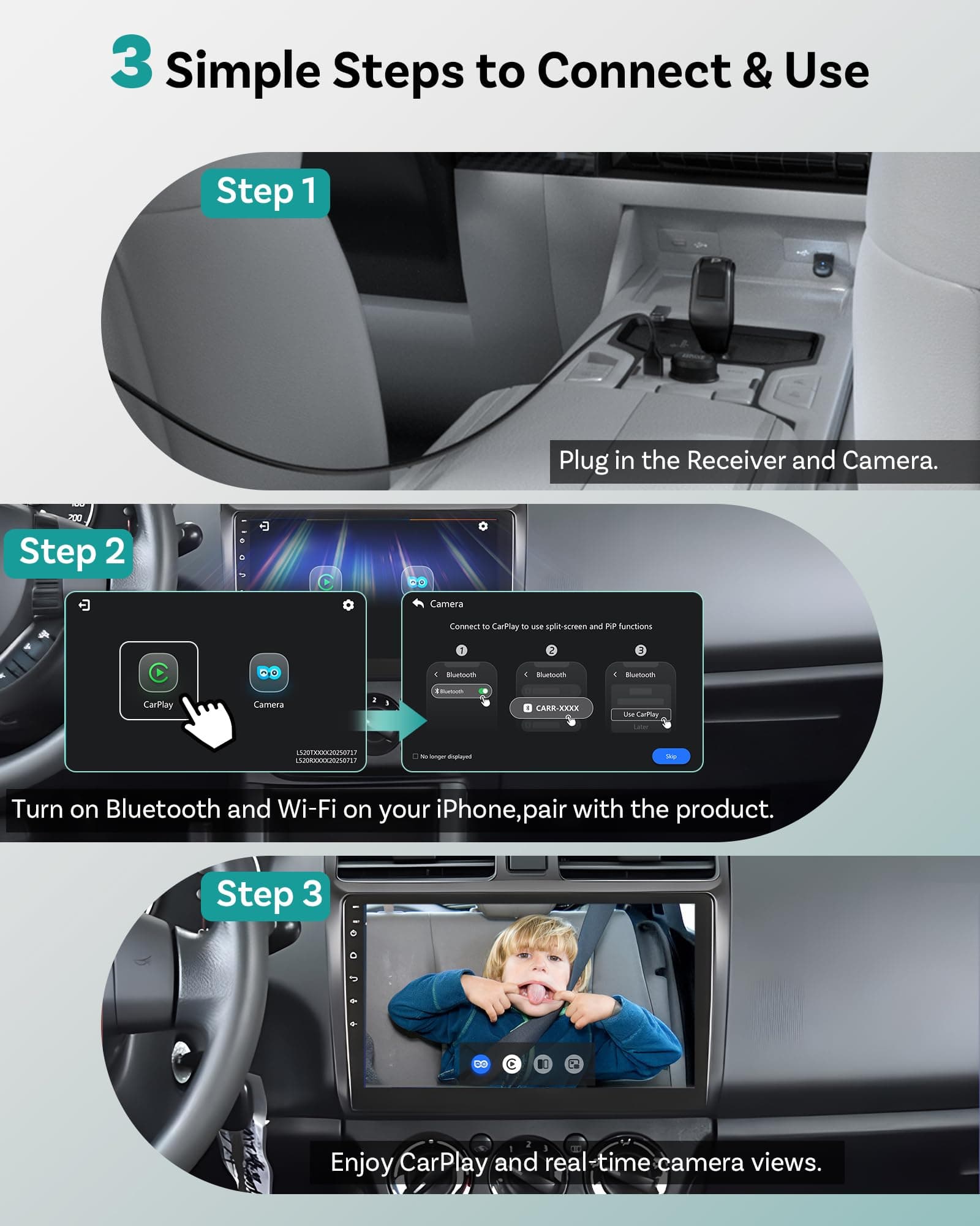 OTTOCAST Baby Car Camera &Wireless CarPlay Adapter,1080P HD Rear Seat Monitor Display on Car Screen,150°Wide Angle No-Glow Night View, Safety for Kids & Infants thumbnail 9