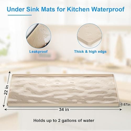 Under Sink Mat- 34" x 22" Waterproof Kitchen Cabinet Mat - Flexible Silicone Under Sink Liner - Kitchen Bathroom Cabinet Mat and Protector for Drips Leaks Spills (Beige) thumbnail 2