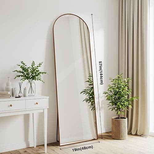 Arched 19x57 Inch Full Length Mirrors Aluminium Frame in Retro Reddish Brown Wood Looking Free Standing Floor Mirror Full Body Wall Mounted for Bedroom Living Room and Hallway thumbnail 3