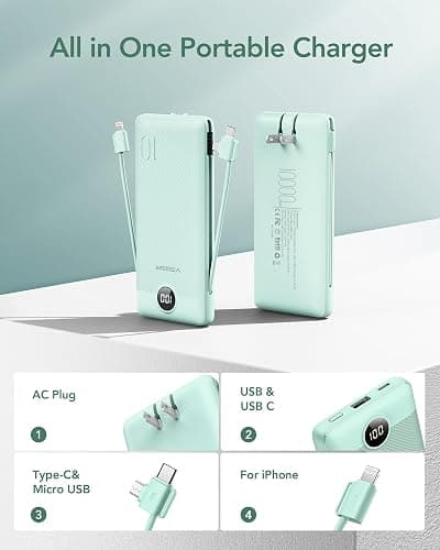 VEGER Portable Charger with Built-in AC Plug and Cables, All in One 10000mAh Ultra Slim Power Bank Travel Essentials, 15W Fast Charging Battery Pack Compatible with iPhone, Samsung, Android (Green) thumbnail 2