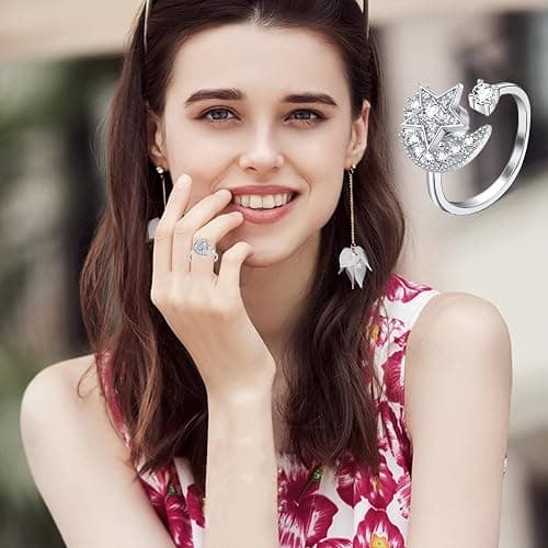 Honsny Fidget Rings for Women, Spinner Fidget Ring Set, Sunflower Butterfly Bee Star Moon Relief Spinning Rings for Adults thumbnail 3