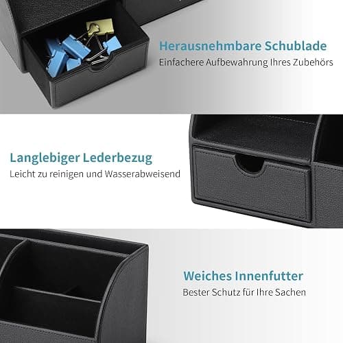 Vlando Desk Organiser with Drawer, Leather Office Stationery Desk Organiser, Multifunctional Desk Pen Organiser, Remote Control Holder, Black thumbnail 4