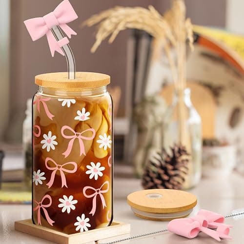 Skylety Set of 2 Coquette Bow Glass Cup 16oz Pink Glass Cup with Lids and Straws Reusable Pink Bow Silicone Straw Toppers Lids Protectors 2 Brush for Drinking Coffee Tea Cocktail(Bow) thumbnail 6