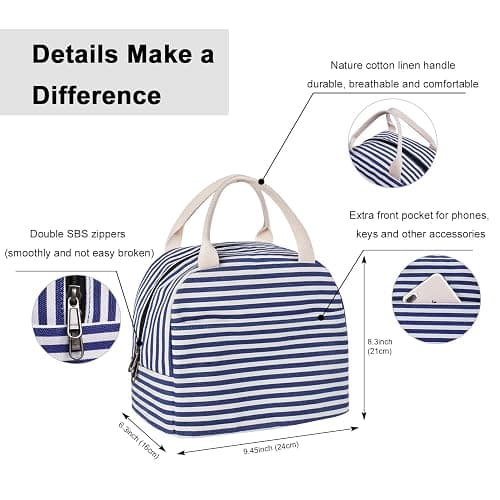 EurCross Blue and White Stripes Lunch Bag Women,Cooler Tote Bag Insulated Lunch Bento Box Bag, Canvas Portable Tote Thermal Bag for Adult Women and Men for Work thumbnail 2