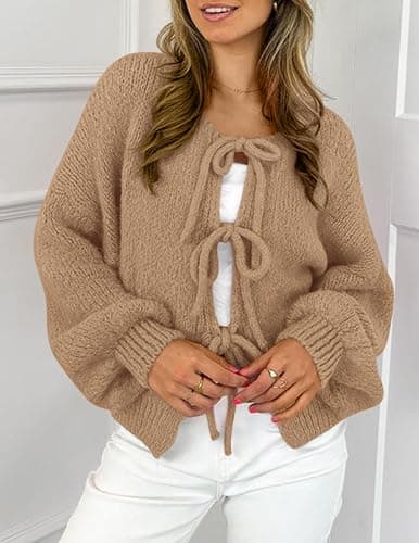 PRETTYGARDEN Women's Tie Front Bow Cardigan Sweaters Chunky Knit Long Puff Sleeve Trendy Fall Winter Jacket Coats thumbnail 4