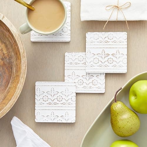 Juvale Wooden Coasters Set of 6-3.8 in, White, Square, Farmhouse Style - Coaster Holder for Coffee Table & Bar Decor - Kitchen & Living Room Decor thumbnail 2
