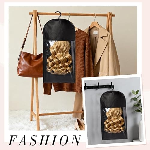 4 Pack Wig Storage Bags with Hanger, 24 Inch, Black | Dust-proof non-woven bags, clear window, wig-safe hanger, closet or travel storage thumbnail 7