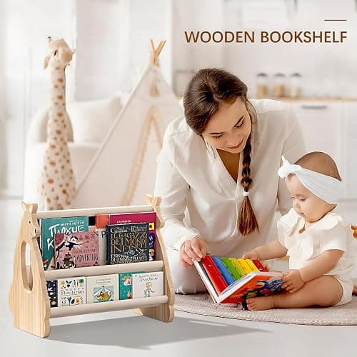 Lullulii Double Sided Kids Bookshelf – 2 Tier Portable Toddler Bookshelf, Book Shelf for Kids Rooms & Playroom, Cute Kangaroo Design Wooden Montessori Baby Bookshelf,Toddler Book Display Shelves thumbnail 8