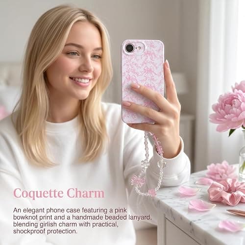 Jzzeuose Phone Case for iPhone 17e/16e with Beaded Wristlet, Pink Bow Floral Cute Soft TPU Protective Case for Women Girls, Anti-Scratch Shockproof Slim Cover thumbnail 7