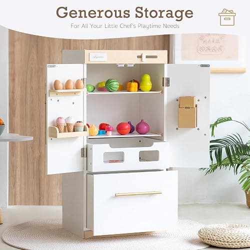 Wooden Play Kitchen Fridge – Interactive Ice Maker, Double Door Storage & Creative Fridge Magnets, Pretend Play Refrigerator for Boys & Girls 3+ thumbnail 3