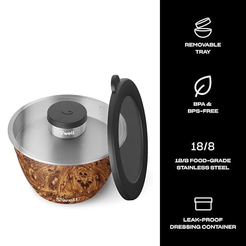 S’well Stainless Steel 64oz Salad Bowl Kit, Teakwood Finish, Includes 2oz Condiment Container and Removable Tray, Leak-Proof and Easy to Clean, Dishwasher Safe thumbnail 5