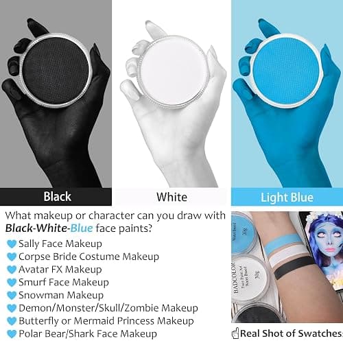White Black & Light Blue Sally Makeup Face Body Paint, Corpse Bride Face Painting Kit with Painting Brushes for Halloween, Water Based Face Paints for Smurf Avatar Mermaid & Demon SFX Costume Make-Up thumbnail 3