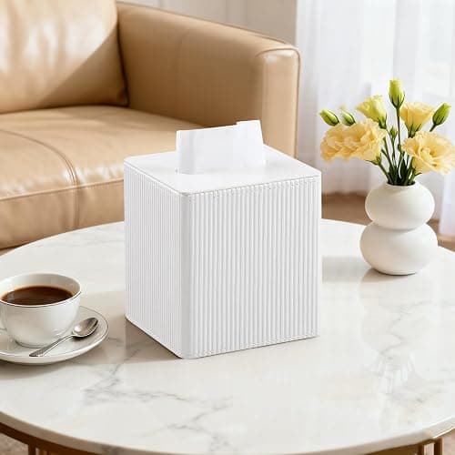 Cretkhp Tissue Box Cover Square with Magnetic Closure, PU Leather Tissue Box Holder for Bathroom NightStands Livingroom, Decorative Modern Square Tissue Holder (Ivory) thumbnail 2