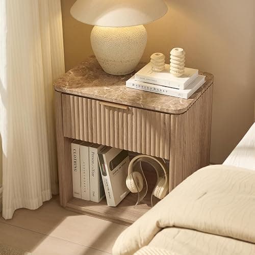 Fluted Nightstand Set of 2, Bedside Table with Faux Marble-Top, Engineered Wood Side Table with Drawer Open Shelf, Curved Corners, Modern Night Stand for Bedroom, Small Spaces, Natural Oak thumbnail 2