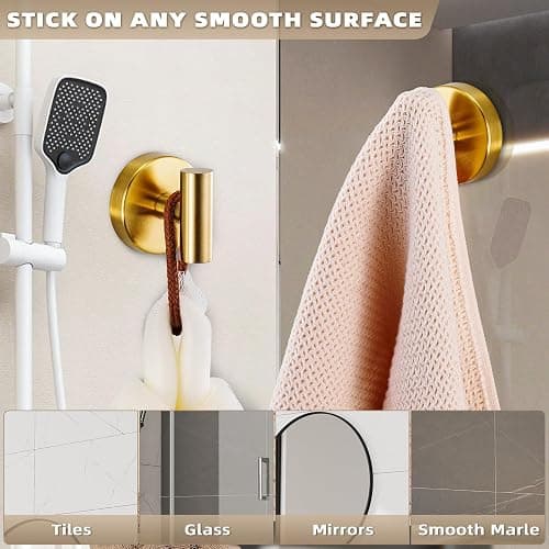Fenas Suction Cup Hooks for Shower - Bathroom Reusable Hooks for Towels, Robes & Loofah - No-Drill Mounting on Kitchen,Walls,Metal,Glass,Mirrors,Tile & Smooth Non-Porous Surfaces (2, Brushed Gold) thumbnail 4
