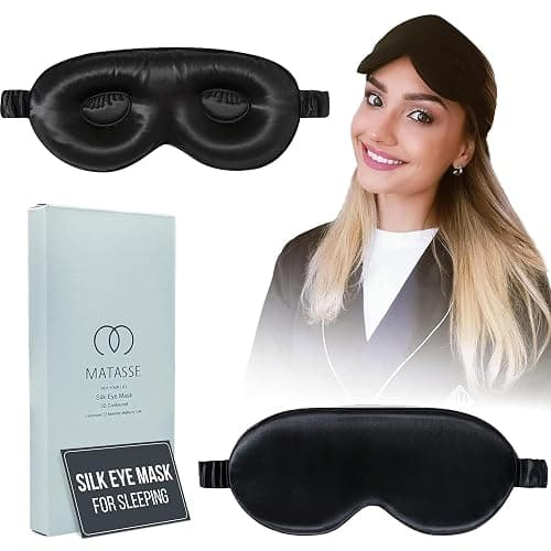 MATASSE Silk Eye Mask for Sleeping with Adjustable Elastic Band - 3D Contoured, Eye Cover Sleep Mask w/Genuine Mulberry Silk Including The Strap for Women, Men (Black) - Image 1
