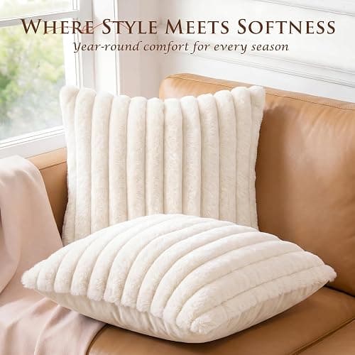 MEGAYES Pack of 2 Throw Pillow Covers 18x18 Decorative Solid Plush Faux Fur with Soft Velvet Back, Square Striped Cushion Cases Modern Farmhouse Home Decor for Living Room Couch Sofa Bed Cream White thumbnail 5