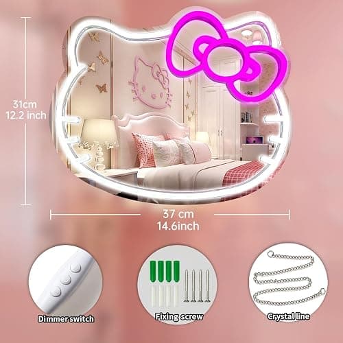 MCJSGSP Anime Hello Kit Mirror with Light Neon Signs for Wall Decor, Teen Girl Gift，Makeup Mirror neon Sign Room Decor (14.6 * 12.2 inch) thumbnail 2