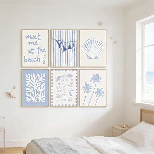 6Pcs Coastal Granddaughter Wall Art Blue Shell Bikini Wall Decor Starfish Palm Tree Poster Prints Artwork Meet Me At The Beach Preppy Aesthetic for Girly Room Dorm Apartment Home Decoration thumbnail 5